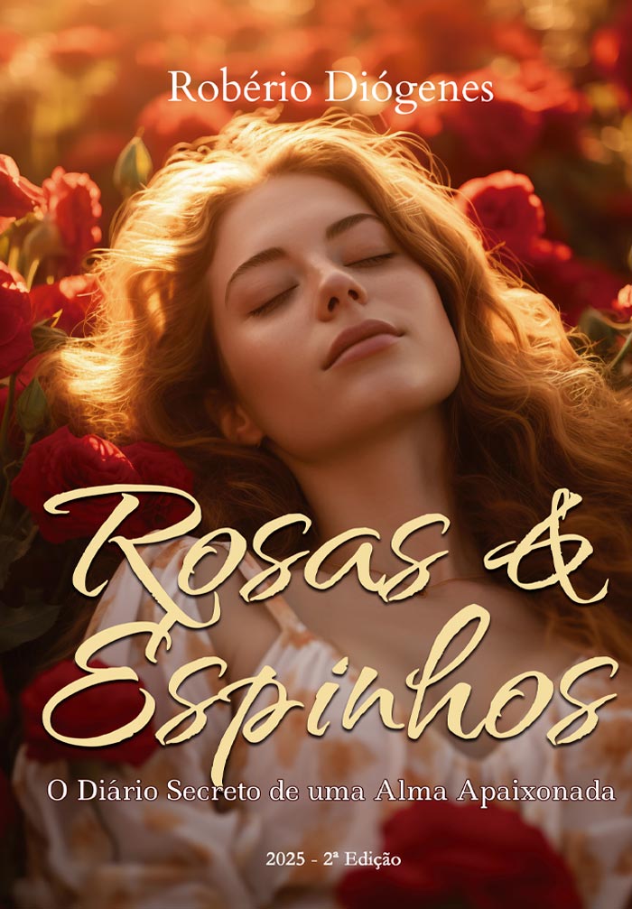 Capa do livro Rosas & Espinhos: O diário secreto de uma alma apaixonada, de Robério Diógenes — Romance dramático nacional